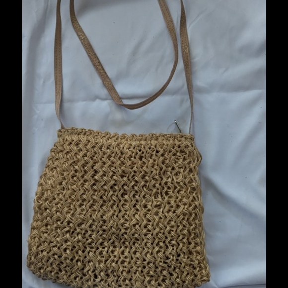 Jute crossover bag, tan with brown flower. - Picture 2 of 2